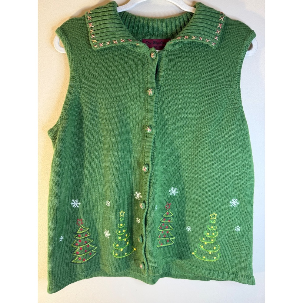 Star Blue Originals Christmas Sweater Vest Green Knit Embroidered Trees Women L